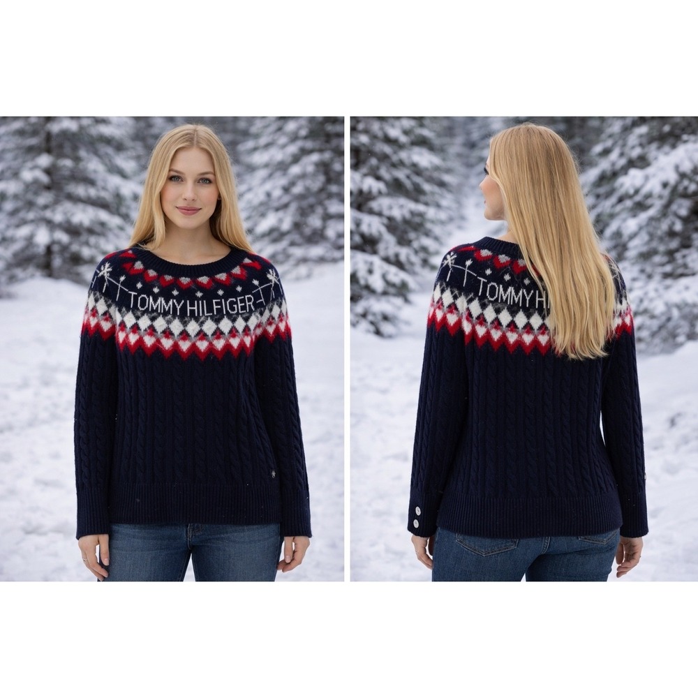 Tommy‎ Hilfiger Womens Navy Blue Fair Isle Cable Knit Sweater Small Logo Fuzzy